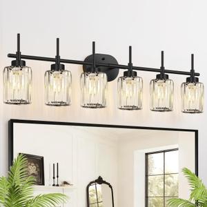 Modern Bathroom Vanity Light 6-Light Modern Black Crystal Wall Light Bathroom Vanity Light Fixtures