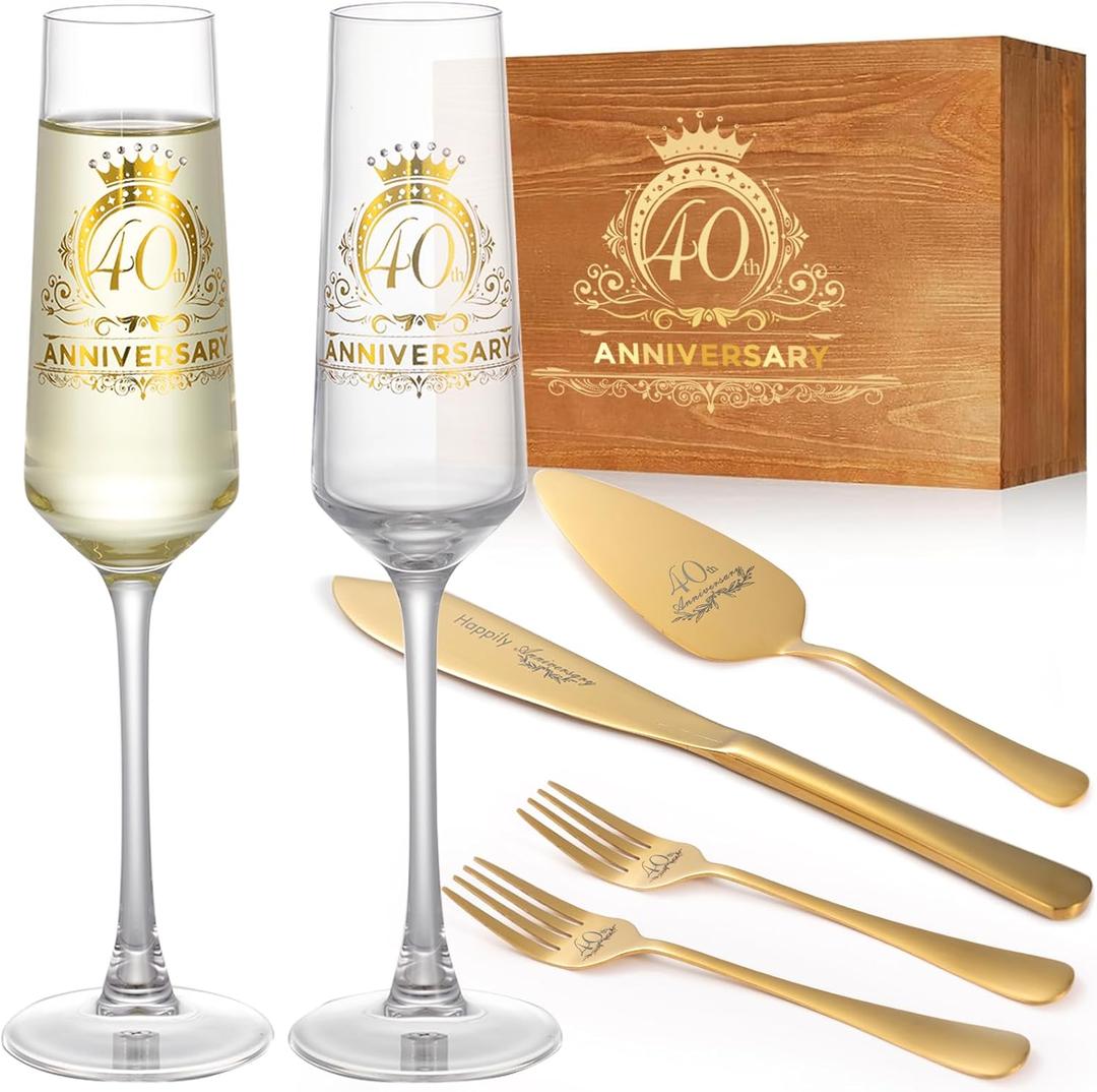 40th Wedding Anniversary Champagne Flutes Gifts, Happy Anniversary Decorations, Gold Cake Cutting Set Gfits for Women Men 40 th Birthday or Parents