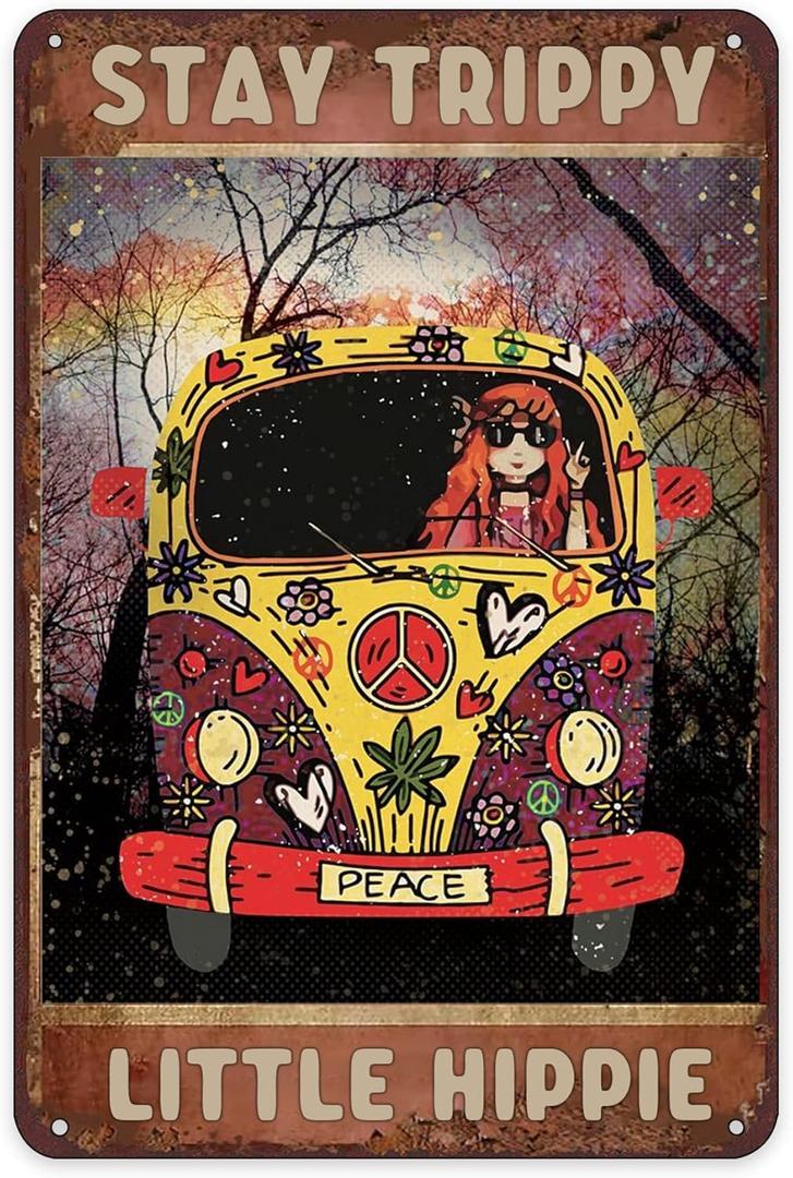 Creative Tin Sign Stay Trippy Little Hippie Funny Novelty Metal Sign Retro Wall Decor for Home Gate Garden Bars Restaurants Cafes Sign 12 X 8 Inch