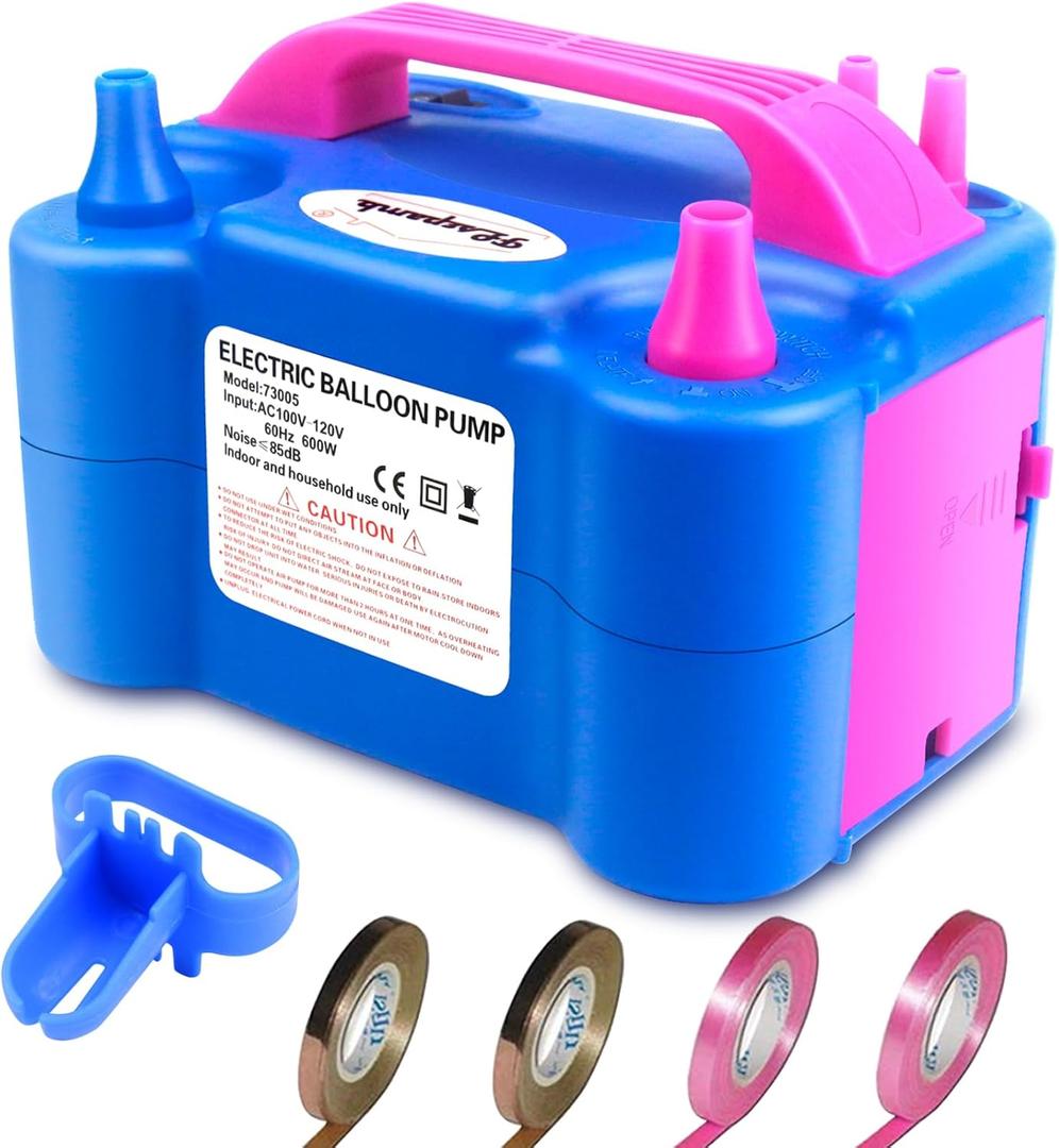 FLSEPAMB Balloon Pump, Electric Balloon Pump, Portable Dual Nozzle 110V 600W Electric Balloon Blower, Balloon Pump for Party Decorations with Tying Tool, Colored Ribbons (Blue)