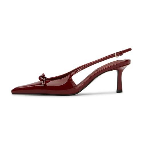 Mattiventon Burgundy Kitten Heels for Women Slingback Heels Bow Ankle Strap Pointed Toe Heel Sexy Wedding Dress Party Pumps Size 9