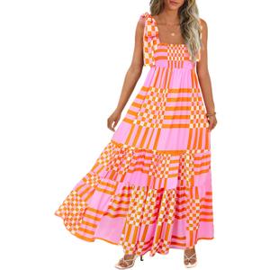 Women's Summer Maxi Dress Boho Spaghetti Straps Casual Long A-line Smocked Beach Dress Square Neck Flowy Sun Dress, Large , Pink 