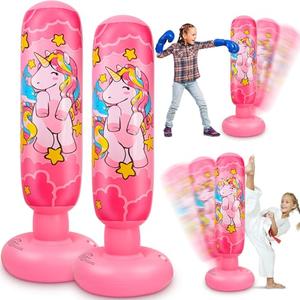 Vinsatin 2 Pcs 47" Kids Punching Bag Girls Stable Inflatable Boxing Bag Unicorn Heavy Punch with Instant Bounce Back Movement Kids Workout Equipment Karate Gifts for Girls Karate Taekwond