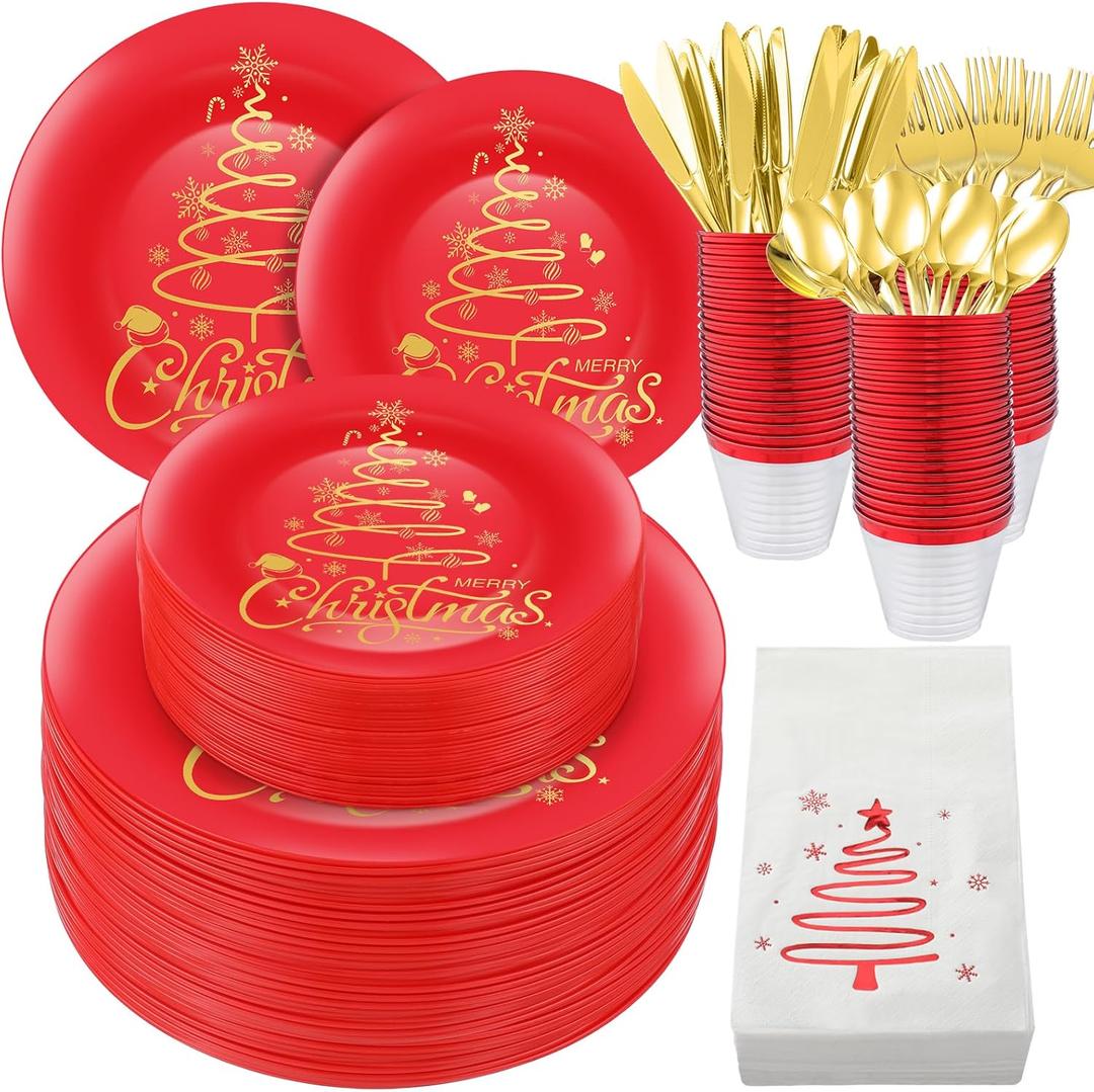Shellwei 210 Pcs Christmas Plastic Dinnerware Set, Xmas Disposable Plates Include 30 Dinner Plate 30 Cup 30 Dessert Plate 30 Paper Napkins 30 Fork Knive Spoon Supplies for Xmas (Red Gold,Tree)