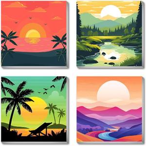 4 Framed Landscape DIY Paint by Numbers Kit for Adults Beginner,Sunset Easy Painting by Number with Canvas,Acrylic Paint Kit Arts and Crafts for Adults for Decor 8x8inch