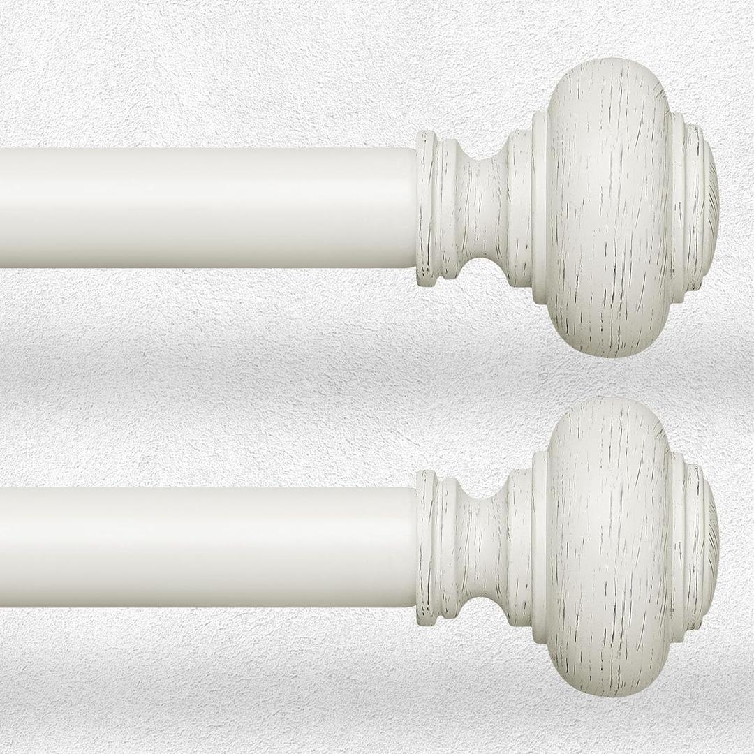 2 Pack Antique White Curtain Rods for Windows 30 to 56 Inch, Decorative Heavy Duty Single-Side Adjustable 1'' Diameter Off White Drapery Rod, Vintage Rustic Metal Curtain Pole for Farmhouse