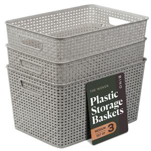 BINO | Plastic Storage Baskets, 22 Liter - 3 Pack, Natural Grey | THE WOVEN COLLECTION | Storage Basket for Shelves | Woven Storage Baskets for Organizing Bins | Pantry Shelf Organizer | Container Bin