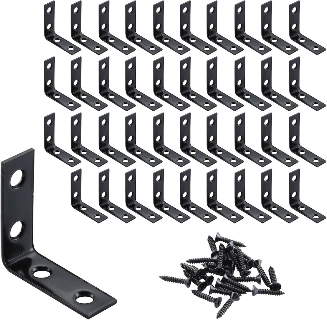 HOME MASTER HARDWARE L-Shaped Corner Braces, 40-Piece Metal Black Corner Bracket 1-1/2 Inch Right Angle Brackets for Shelves, Wood Furniture, Frames - Includes Rust-Resistant Screws