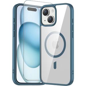 for iPhone 14 Plus & iPhone 15 Plus Case Clear with Screen Protector, Compatible with Magsafe, Anti-Yellowing, Military-Grade Protection, Shockproof Slim Magnetic Phone Case Cover, Clear Blue