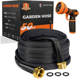Giraffe Tools Garden Hose 50FT Lightweight Lay Flat Water Hose Kink Free Flexible Hose with 9 Spray Function NozzleBlack