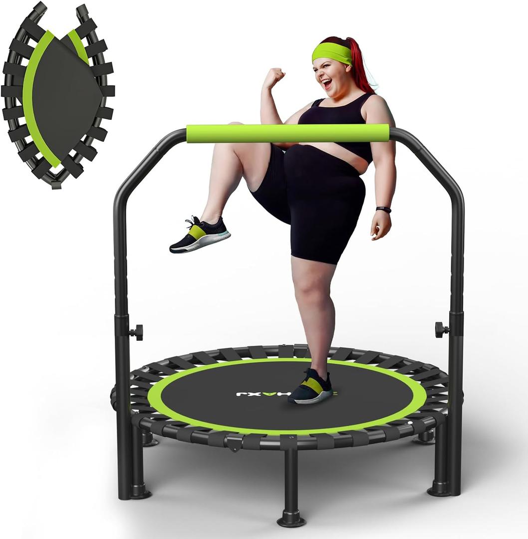 ZCMHAXJ Foldable Mini Trampoline, 48" Rebounder Trampoline for Adults & Kids, 450lbs Capacity with U-Shaped Adjustable Bar, Indoor Fitness Workout Exercise Equipment