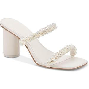 Womens Chunky Heeled Sandals Pearl Strappy Open Square Toe Slip-on Block Heels Backless Mules Shoes (6.5, White)