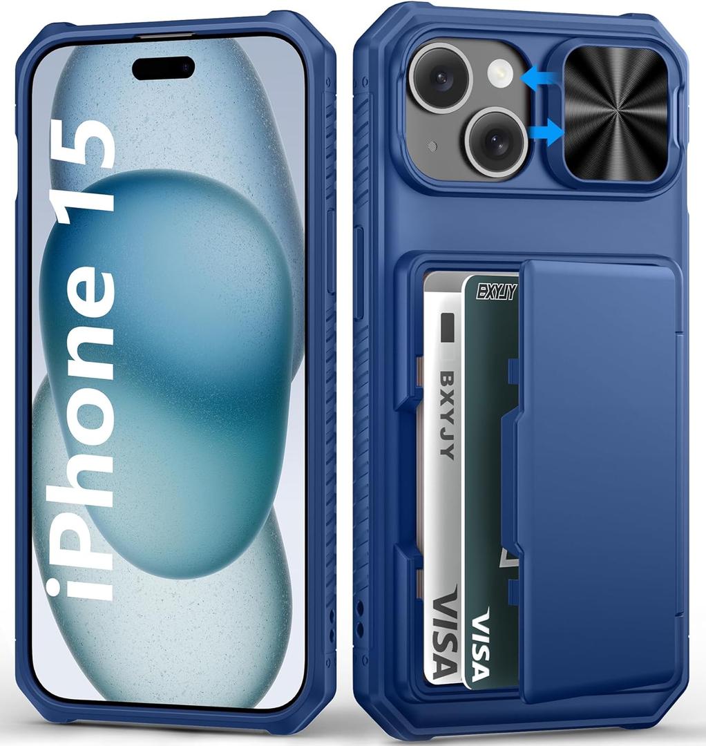 BXYJY for iPhone 15, iPhone 14, iPhone 13 Case Wallet, Built-in Card Holder(4-5 Cards), Slide Camera Cover, Military Grade & RFID Protection, Heavy Duty Women Men Phone Case for iPhone 15/14/13, Blue