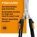 Fiskars Power-Lever Extendable Hedge Shears, Self-Sharpening Serrated Steel Blades for Clean Cuts, Handles Adjust 25"-33" for High Reach, Multiplies Leverage for 2x Power, 10" Blades, Orange/Black