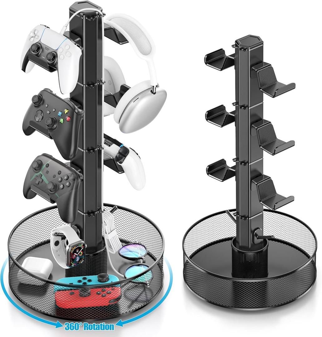 Rotatable Gaming Controller Holder with Basket for Desk, Controller Stand for PS5/PS4/Xbox/Switch/PC Accessories, Holder with Cable Organizer, 4 Tiers Black