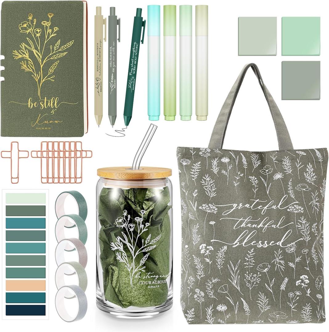 29 Pcs Bible Journaling Kit 16 oz Glass Cup Canvas Bag Leather Notebook Highlighters and Pens Sticky Note Tapes Bible Study Supplies for Mother's Day Teacher Women Nurse(Green, Boho)