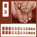Halloween Press on Nails Square Short Fake Nails with Pumpkin Daisy Flower Glue on Nails Orange Glossy Acrylic Nails Press ons Cute Ghost Face Nails Full Cover Stick on Nails for Women 24 Pcs