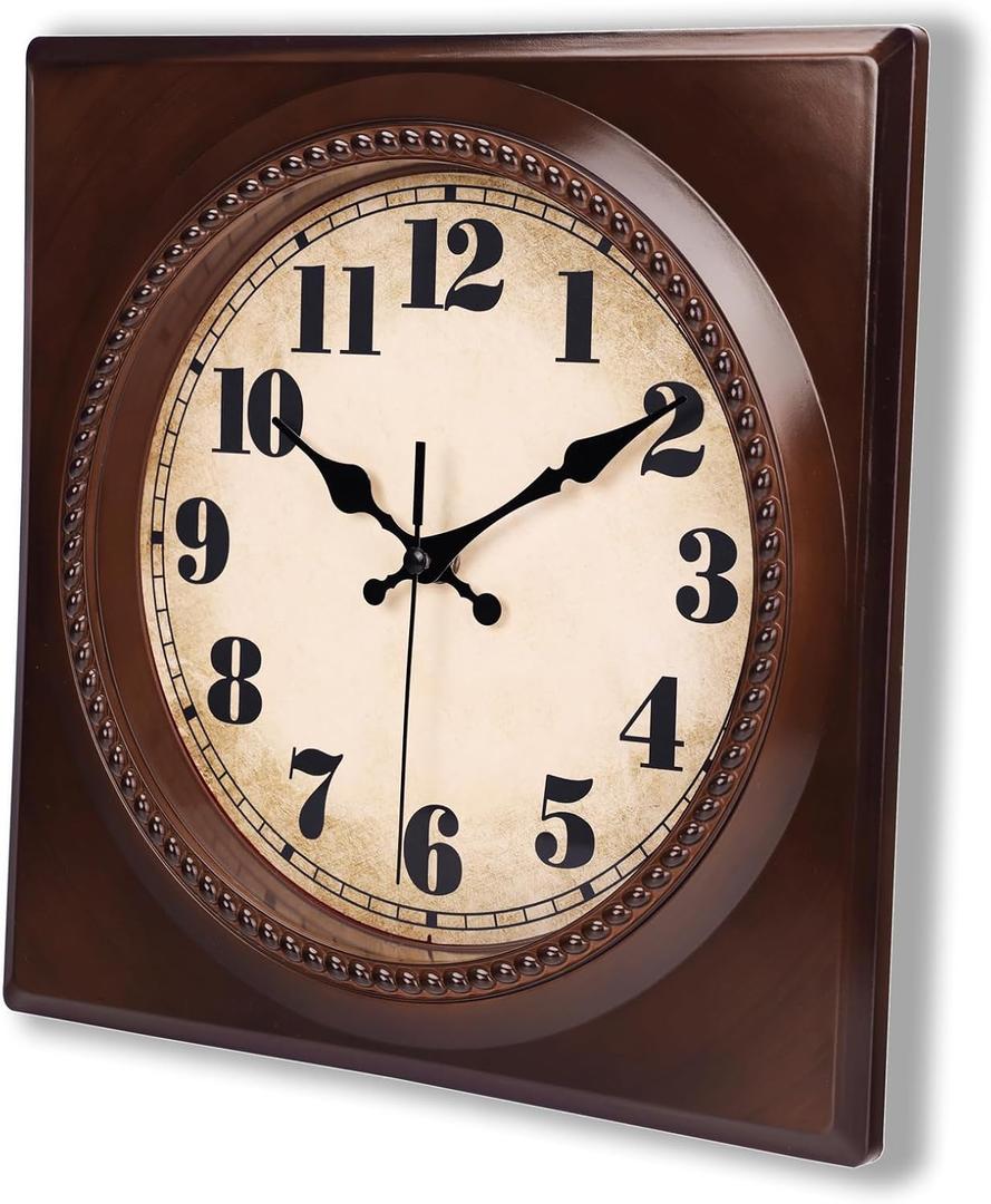 Wall Clock Vintage 1950s Style - Square Retro 12 Inch Wall Clocks Battery Operated for Kitchen Home Decor, Cherry Red