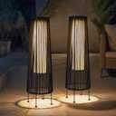 TRIROCKS Outdoor Floor Lamp 2 Piece Solar Powered Lantern Wicker Solar Patio Lamp with Olifen Rope Waterproof Rattan Outside Solar Deck Light for Patio Garden Lawn Yard (Black) (Cylinder)