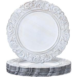 12 Pcs Plastic Charger Plates 13" Round Antique White Gold with Engraved Baroque Rim Vintage Disposable Decorative Chargers for Wedding Party Events