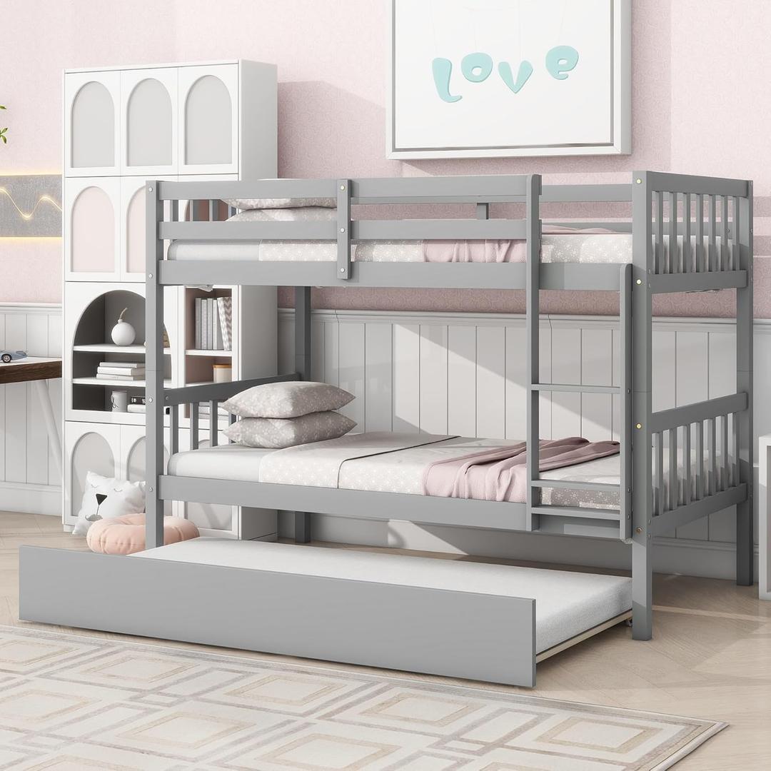 Bellemave Twin Over Twin Bunk Bed with Trundle, Solid Rubber Wood Frame, Convertible into 2 Twin Size Beds, Gray (Grey), Box 1 of 2