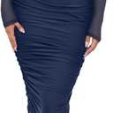 REORIA Women's Fall Mesh Sheer Long Sleeve Midi Ruched Bodycon Dress Mock Neck Elegant Evening Party Cocktail Dresses S