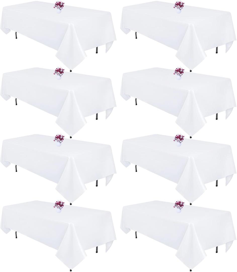 8 Packs White Table Cloth Rectangle 60x102 Inch for 6 Foot Rectangle Tables, Wrinkle Resistant Polyester Fabric Tablecloth Washable Rectangular Table Covers for Dining Wedding Party Buffet