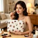 Beige MakeUp Bag Set 3PCS Quilted Make Up Pouch Cute Cotton Cosmetic Bag for Travel Striped Bear Large Toiletry Bag For Women(C)