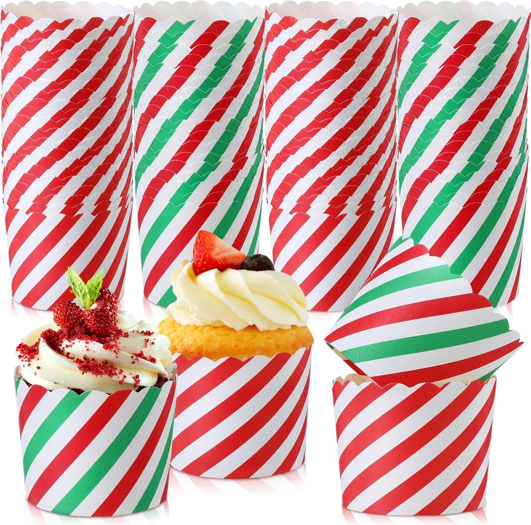 100 Pcs Christmas Cupcake Liners Bulk Baking Paper Cup Xmas Muffin Wrappers Candy Pattern Baking Cup for Christmas Birthday Decoration, 2.8" x 2.4" x 2.2"(Striped Color)