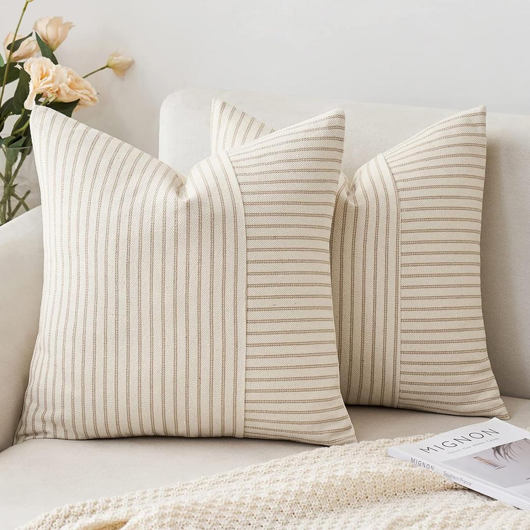 MIULEE Khaki and Beige Patchwork Farmhouse Pillow Covers 18x18 Inch, Pack of 2 Striped Linen Decorative Modern Accent Pillow Cases for Sofa Couch Bedroom (18" x 18" (Pack of 2))