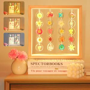 Handmade Dried Flower LED Cute lamp, 3 Way Dimmable Cute Pressed Flower Bedside Lamp with Wooden Frame for Wooden Frame, Ideal for Desk, Table, Bedroom, Living Room, Office