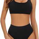 iSwaves Women Two Piece U Neck Bikini Crop Top High Cut Swimsuit Sporty Bathing Suit, Size L