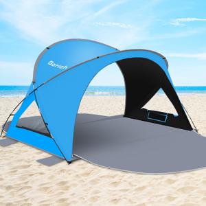 Gorich Beach Tent Sun Shelter with UPF50+ UV Protection for 3/4 Person, Lightweight & Portable Beach Shade Canopy with 2 Zippered Doors, Easy Setup Family Beach Umbrella (Dark Shelter-Skyblue)