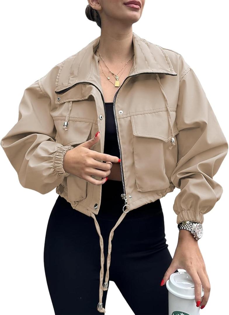 Tankaneo Women's Cropped Jacket Zip Up Lightweight Oversized Utility Anorak Coat with Pockets (Small, Khaki)