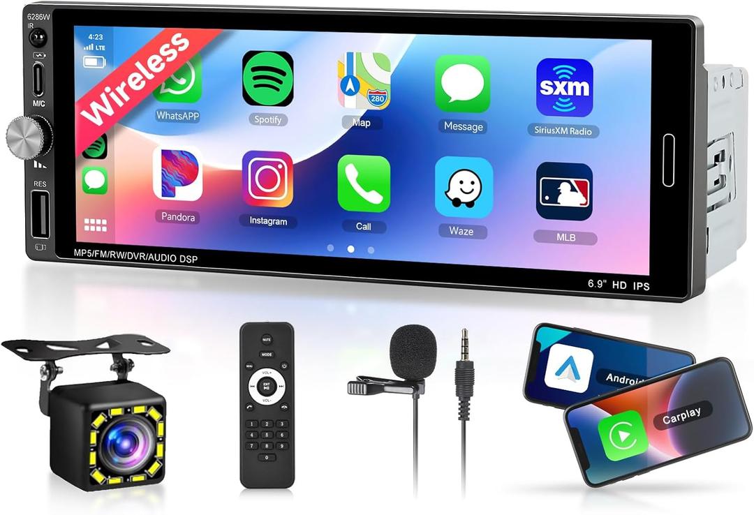 Single Din Car Stereo with Wireless Carplay Android Auto-2025 Upgraded Bluetooth 5.2 Type-C Dual Mic 6.9 Inch IPS Touch Screen Car Radio with Backup Camera Mirror Link FM USB EQ SWC