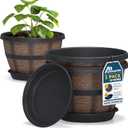 10-Inch Whiskey Barrel Planters Outdoor Pack of 2 - Durable Plastic Plant Pots for Indoor & Outdoor Use with Drainage & Saucer, Lightweight Rustic Barrel Planters for Flowers, Herbs & Small Plants