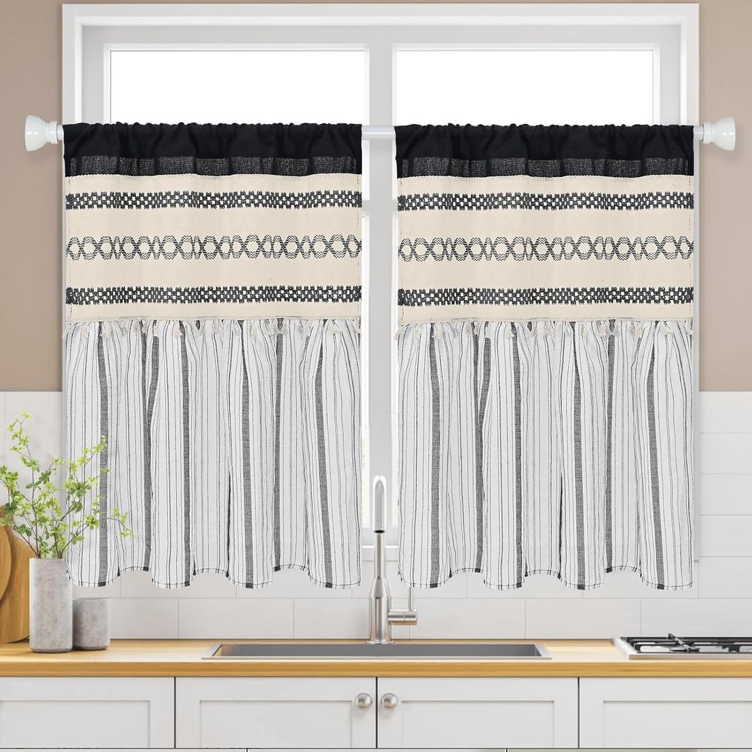 FRAMICS Farmhouse Linen Kitchen Curtains 36 Inch Length Black Striped Short Curtain for Windows Boho Crochet Small Window Curtains for Kitchen Rod Pocket Tier Curtain for Bathroom, Cafe, 2 Panels