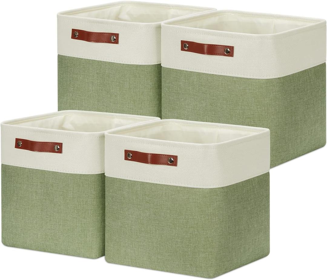 DULLEMELO Storage Basket, Linen Closet Organizers and Storage Baskets for Home Office, Suitable as Dog Toy Box, Baby Gift Basket, 4 Pieces 12x12 Decorative Cube Storage Bins(4 Pack - 12" White/Green)