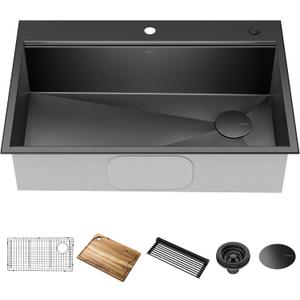 KRAUS Kore Workstation 33-inch Top Mount Drop-In 16 Gauge Black Stainless Steel Single Bowl Kitchen Sink in PVD Gunmetal Finish with Accessories, KWT310-33/PGM