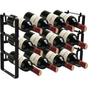 Black Wine Rack for 12 Bottles  Stackable & Expandable Metal Wine Bottle Holder for Bar Counter, Cabinet, Pantry, or Small Spaces  Modern Freestanding Wine Storage Shelf (3 Tier, Black)