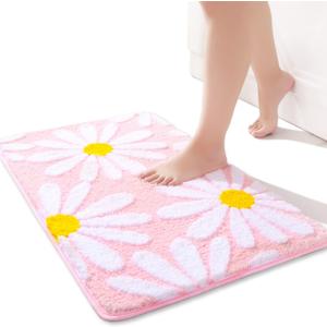 QJHOMO Pink Bathroom Rugs Cute Daisy Bath Mat White and Yellow Flower Decor Rug Non Slip Floor Carpet Microfiber Bathmat Super Absorbent Machine Washable Bathtub Mats for Shower (20x 32 inch)