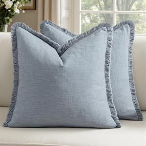 Woaboy Decorative Linen Fringe Throw Pillow Covers Boho Farmhouse Soft Cushion Covers Accent Pillowcases with Tassels for Living Room Couch Sofa Bed Chair,18x18 Inch Set of 2,Coastal Blue