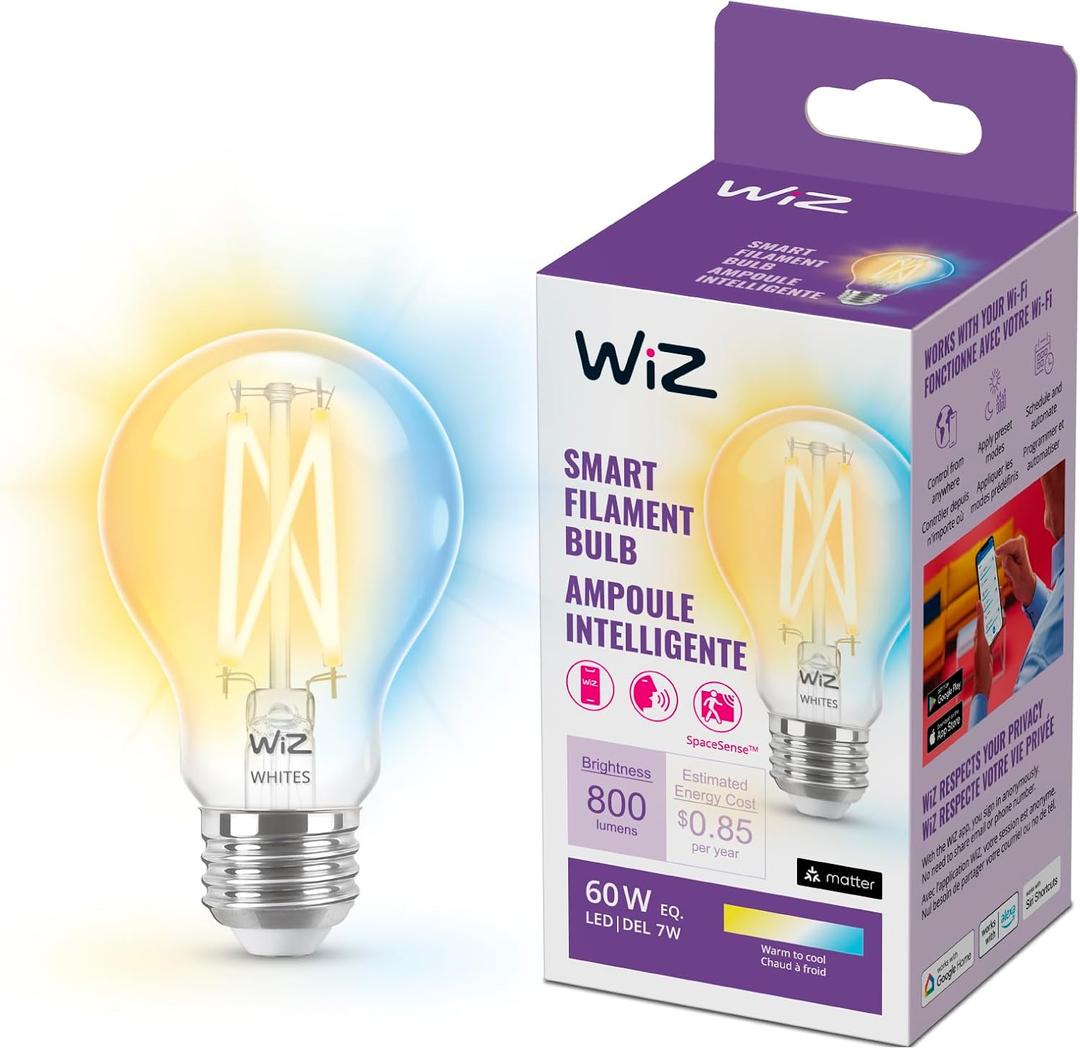 WiZ Clear 60W A19 Tunable White Filament LED Smart Bulb - Pack of 1 - E26- Indoor - Connects to Your Existing Wi-Fi - Control with Voice or App + Activate with Motion - Matter Compatible