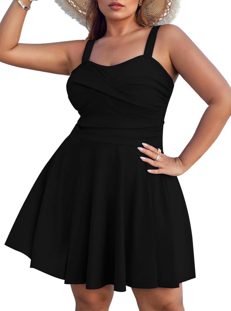 Sovoyontee Women Plus Size Tankini Swimsuit Two Piece Flowy Swimdress Bathing Suits with Shorts (3X-Large Plus, Black)