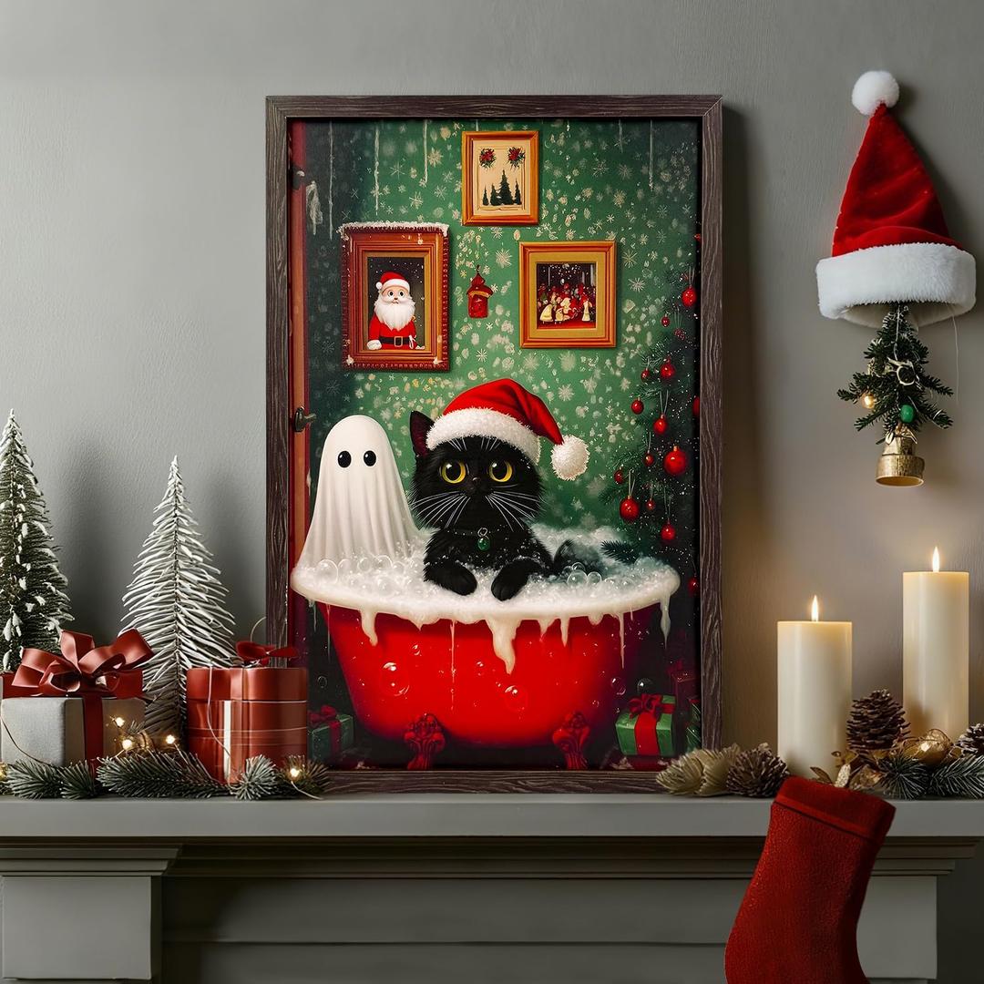Xizondidi Vintage Christmas Decorations,Christmas Wall Decor for Home,Black Cat Wall Art Prints Including Wooden Frame,Art Poster for Living Room Bedroom Home Decoration 15 * 10 Inches