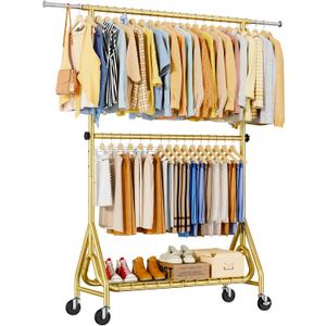 Heavy Duty Clothes Rack for Hanging Clothes, Double Rods Clothing Rack with Lockable Wheels, Rolling Metal Garment Racks Heavy Duty, Portable Wardrobe Closet Racks, Gold