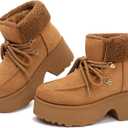 Platform Winter Boots For Women: Platform Boots Lace Up Zipper Chunky Heels Cozy Warm Snow Short Boot (Brown)