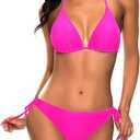 Tempt Me Women Hot Pink Triangle Bikini Sets Halter Two Piece Sexy Swimsuit String Tie Side Bathing Suit, (Medium)