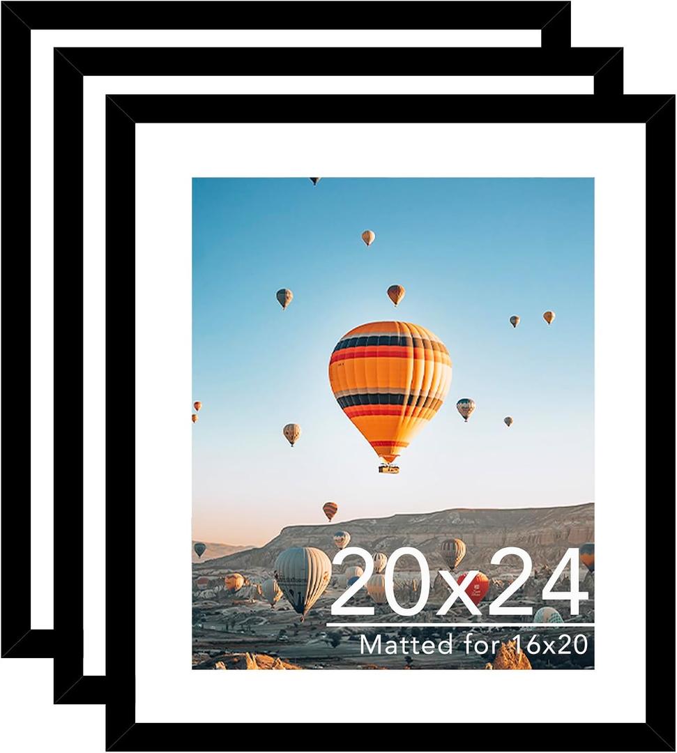 JCJMY 20x24 Picture Frame with 16x20 Mat Set of 3, Display Photo 16x20 with Mat or 20 x 24 Without Mat, Wall Hanging Large 20 by 24 Poster Frame with Plexiglass, 3 Pack, Black