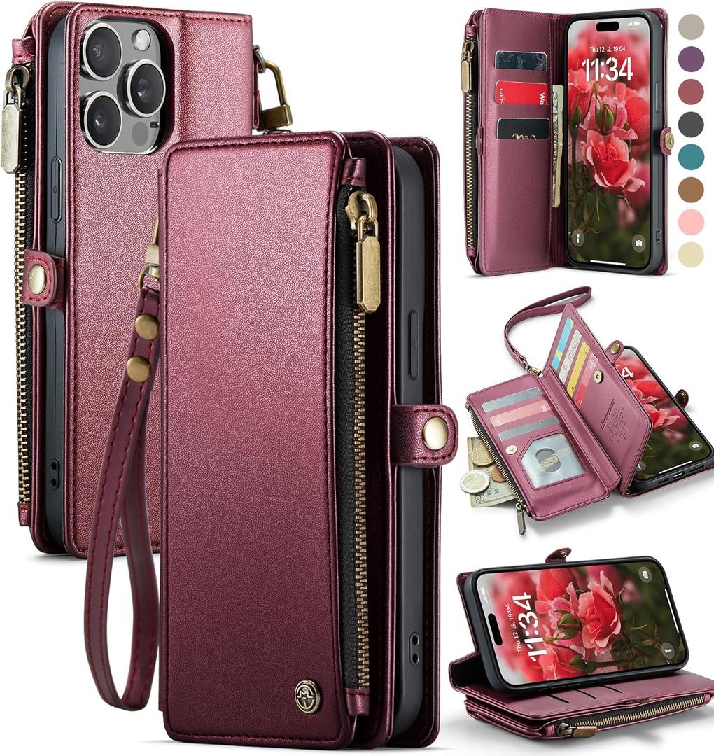 Defencase Compatible with iPhone 15 Pro Max Case Wallet with RFID Blocking Card Holder for Women Men, PU Leather Magnetic Snap Flip Zipper Strap Wallet Phone Case Fit for iPhone 15 Pro Max, Wine Red